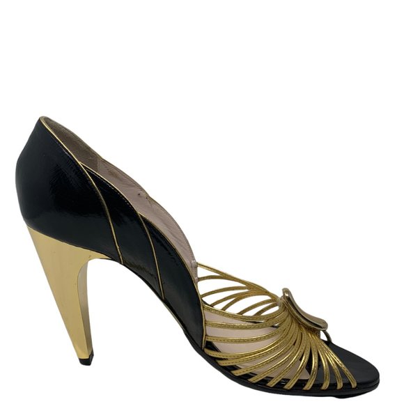 Emilio Pucci Shoes - Emilio Pucci Black Gold Leather Strappy Open Toe Pumps Heels Size 38.5 US 8.5